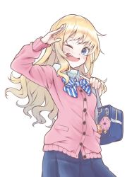 Rule 34 | 1girl, ;d, bag, blonde hair, blue bag, blue eyes, blue skirt, blush, breasts, cardigan, gift bag, hand up, highres, holding, holding bag, idolmaster, idolmaster cinderella girls, idolmaster cinderella girls starlight stage, jewelry, long hair, looking at viewer, ohtsuki yui, one eye closed, open mouth, pink cardigan, ponytail, salute, school uniform, shirt, simple background, skirt, small breasts, smile, solo, tamasa yamoto, teeth, uniform, wavy hair, white background, white shirt