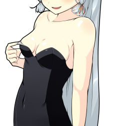Rule 34 | 10s, 1girl, animal ears, areola slip, bare shoulders, collarbone, covered navel, hair ribbon, head out of frame, highres, jito (mesuki nitouhei), kantai collection, leotard, long hair, looking at viewer, murakumo (kancolle), playboy bunny, ribbon, sidelocks, silver hair, solo, very long hair, white background