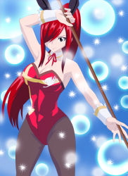 Rule 34 | 1girl, animal ears, black pantyhose, breasts, cleavage, detached collar, erza scarlet, fairy tail, fake animal ears, hair over one eye, happy, highres, kunaix, large breasts, leotard, long hair, pantyhose, playboy bunny, ponytail, rabbit, rabbit ears, red hair, socks, standing, wrist cuffs