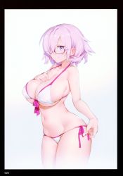 Rule 34 | 1girl, absurdres, bare shoulders, bikini, breasts, cleavage, closed mouth, collarbone, cowboy shot, fate/grand order, fate (series), female focus, from side, front-tie bikini top, front-tie top, glasses, gradient background, grey background, hair over one eye, halterneck, hand on own chest, highres, hip focus, large breasts, legs together, looking at viewer, looking to the side, mash kyrielight, mash kyrielight (swimsuit of perpetual summer), navel, official alternate costume, page number, pink hair, purple eyes, scan, short hair, side-tie bikini bottom, simple background, skindentation, smile, solo, standing, string bikini, swimsuit, thighs, try (lsc), white background, white bikini