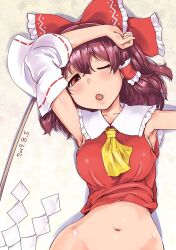 Rule 34 | 1girl, arm up, armpits, ascot, blush, bottomless, bow, breasts, brown hair, collared shirt, commentary request, dated, detached sleeves, frilled bow, frilled hair tubes, frilled shirt collar, frills, gohei, hair between eyes, hair bow, hair tubes, hakurei reimu, half-closed eyes, hatching (texture), highres, kei jiei, long hair, looking at viewer, medium breasts, navel, one eye closed, open mouth, red bow, red eyes, red shirt, ribbon-trimmed sleeves, ribbon trim, shirt, sideboob, sidelocks, sleeveless, sleeveless shirt, solo, tongue, touhou, upper body, white sleeves, wide sleeves, yellow ascot