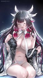 Rule 34 | 1girl, areola slip, black hair, blush, bottomless, bow, breasts, closed eyes, coat, columbina (genshin impact), eye mask, fur-trimmed coat, fur trim, genshin impact, head wings, holding, large breasts, long hair, multicolored hair, no panties, off shoulder, open clothes, open coat, open mouth, patreon username, pubic tattoo, red hair, rei kun, revealing clothes, sitting, solo, streaked hair, tattoo, thighs, two-tone hair, very long hair, white bow, white coat, wings