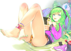 Rule 34 | 1girl, aqua eyes, ass, barefoot, bed sheet, blue eyes, blush, bottle, breasts, commentary request, eating, feet, fingernails, food print, green hair, hair over breasts, holding, hood, knees up, large breasts, long hair, long sleeves, looking at viewer, lying, nail polish, nintendo switch, on back, open clothes, original, panties, unworn panties, peragura, pink panties, playing games, print panties, solo, strawberry panties, strawberry print, toes, two side up, underwear, yellow panties