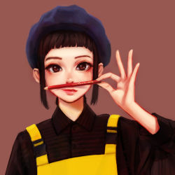 Rule 34 | 1girl, black hair, blue hat, blush, brown eyes, collared shirt, commentary request, eyelashes, hat, holding, holding pencil, jungon kim, lips, long sleeves, looking at viewer, original, pencil, red lips, shirt, simple background, solo, upper body