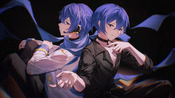 Rule 34 | 2boys, back-to-back, black background, black choker, black shirt, blue eyes, blue hair, blue nails, blue scarf, blush, choker, chromatic aberration, commentary, from side, guilty (module), headphones, highres, kaito (vocaloid), kaito (vocaloid3), knees up, looking at viewer, male focus, multiple boys, profile, reaching, reaching towards viewer, scarf, shirt, short hair, sitting, smile, symbol-only commentary, vocaloid, zhou huan (dgpe2833)