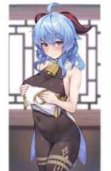 Rule 34 | 1girl, ahoge, bare arms, bare shoulders, bell, blue hair, blurry, blurry background, blush, bodysuit, breasts, brll, chinese clothes, cleavage, closed mouth, clothes lift, covered navel, covering privates, covering breasts, cowbell, cowboy shot, ganyu (genshin impact), genshin impact, goat horns, highres, horns, large breasts, lifting own clothes, looking at viewer, neck bell, paid reward available, pelvic curtain, purple eyes, raised eyebrows, solo