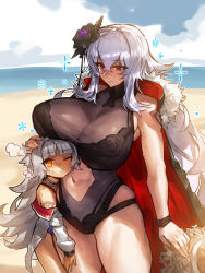 Rule 34 | 2girls, azur lane, beach, black one-piece swimsuit, blue one-piece swimsuit, blunt bangs, blush, breast rest, breasts, breasts on head, cape, choker, clothing cutout, commentary request, day, flower, fur-trimmed cape, fur trim, graf zeppelin (azur lane), graf zeppelin (beachside urd) (azur lane), hair between eyes, hair flower, hair ornament, hat, headpat, height difference, highres, hip focus, huge breasts, jacket, long hair, melon22, mole, mole under eye, multiple girls, navel, navel cutout, ocean, off shoulder, one-piece swimsuit, one eye closed, open clothes, open jacket, red eyes, silver hair, sparkle, straw hat, sweat, swimsuit, thighs, very long hair, white jacket, yellow eyes, z46 (azur lane), z46 (her first summer) (azur lane)