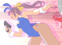 Rule 34 | 1girl, animal ears, black hair, bow, bowtie, cup, detached collar, drinking glass, fake animal ears, fishnet pantyhose, fishnets, fukusuke hachi-gou, gradient background, gun, highres, leotard, original, pantyhose, playboy bunny, ponytail, purple eyes, rabbit ears, rabbit tail, solo, spill, striped, striped background, tail, weapon, wine glass, wrist cuffs