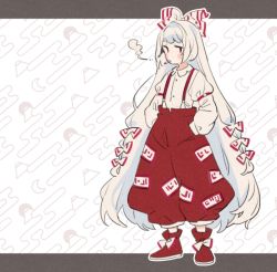 Rule 34 | 1girl, akagashi hagane, baggy pants, blush stickers, bow, cigarette, commentary, crescent, egasumi, fujiwara no mokou, full body, hair bow, hands in pockets, long hair, long sleeves, looking at viewer, pants, patterned background, red eyes, red footwear, red pants, shirt, footwear bow, shoes, smoking, solo, suspenders, touhou, very long hair, white background, white bow, white shirt