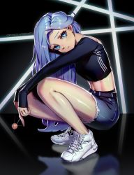 Rule 34 | 1girl, adidas, artist name, blue eyes, blue hair, borrowed character, breasts, candy, commission, cropped sweater, cutoffs, datcravat, denim, denim shorts, food, full body, highres, holding, holding candy, holding food, light beam, lollipop, long hair, looking at viewer, bae minah (chaesu), navel, off shoulder, original, reflective floor, shoes, shorts, sleeveless, sneakers, solo, squatting, stomach, toned, white footwear