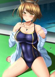 Rule 34 | 10s, 1girl, bare shoulders, blush, breasts, brown eyes, brown hair, cleavage, collar, competition swimsuit, headgear, heart, heart-shaped pupils, huge breasts, kantai collection, looking at viewer, mutsu (kancolle), one-piece swimsuit, pool, shibata rai, short hair, sitting, smile, solo, swimsuit, symbol-shaped pupils, thighs, wariza