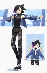 Rule 34 | 1girl, absurdres, black hair, commentary, denim, denim jacket, english commentary, hair over one eye, highres, jacket, jeans, jewelry, charm (object), multicolored hair, necklace, original, pants, purple eyes, purple hair, shoes, sirena (tostantan), sneakers, solo, streaked hair, torn clothes, torn jeans, torn pants, tostantan, two-tone hair, watch, wristwatch