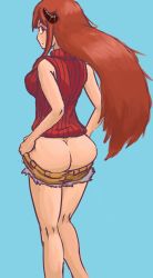 Rule 34 | 10s, 1girl, ass, blue background, breasts, brown hair, butt crack, clothes pull, demon girl, demon horns, drawfag, highres, horns, long hair, maou (maoyuu), maoyuu maou yuusha, no panties, pulled by self, red eyes, ribbed sweater, short shorts, shorts, shorts pull, simple background, sleeveless, sleeveless turtleneck, solo, sweater, turtleneck