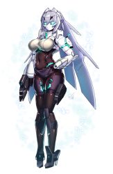 Rule 34 | 1girl, android, aqua eyes, breasts, doyouwantto, glowing, gun, gundam, gundam build divers, gundam build divers re:rise, hand on own hip, holding, holding gun, holding weapon, joints, large breasts, long hair, may (gundam build divers re:rise), mechanical parts, navel, no mouth, robot, robot joints, shiny skin, silver hair, solo, standing, weapon