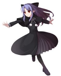 Rule 34 | 1girl, apo (apos2721), black bow, black capelet, black coat, black footwear, black pantyhose, bow, capelet, coat, coat dress, floating hair, full body, hair bow, leaning to the side, leg up, len (tsukihime), loafers, long hair, long sleeves, melty blood, outstretched arms, pantyhose, parted lips, pointy ears, red eyes, shoes, silver hair, solo, standing, standing on one leg, transparent background, tsukihime, winter clothes, winter coat