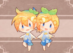 Rule 34 | 1boy, 1girl, alternate costume, barefoot, blonde hair, blue dress, blue eyes, blush, brown background, character name, chibi, dress, food-themed hair ornament, hair between eyes, hair ornament, highres, kagamine len, kagamine rin, leaf hair ornament, mochityoko, neckerchief, open mouth, orange hair ornament, see-through capelet, short hair, siblings, sidelocks, swept bangs, vocaloid, yellow neckerchief