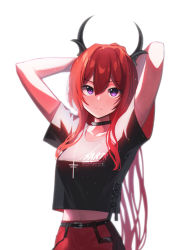 Rule 34 | 1girl, absurdres, arknights, arms behind head, beudelb, black collar, black shirt, collar, cross, cross necklace, demon horns, hair between eyes, highres, horns, jewelry, long hair, looking at viewer, necklace, official alternate costume, purple eyes, red hair, red skirt, shirt, simple background, skirt, solo, surtr (arknights), surtr (liberte echec) (arknights), upper body, very long hair, white background