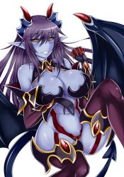 Rule 34 | 1girl, bare shoulders, black hair, black sclera, blue skin, breasts, cleavage, colored sclera, colored skin, demon (monster girl encyclopedia), demon girl, demon tail, elbow gloves, female focus, gloves, highres, horns, large breasts, long hair, monster girl, monster girl encyclopedia, monster girl encyclopedia ii, navel, no nose, pointy ears, red eyes, sanmoto gorouzaemon, simple background, slit pupils, smile, solo, tail, thighhighs, wings