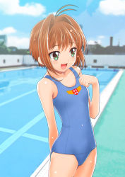 Rule 34 | 1990s (style), 1girl, blue one-piece swimsuit, brown hair, cardcaptor sakura, flat chest, green eyes, kinomoto sakura, one-piece swimsuit, open mouth, poolside, school swimsuit, short hair, solo, soshina nohito, standing, swimsuit