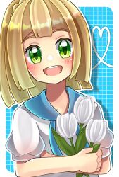 Rule 34 | 1girl, blonde hair, blue background, blunt bangs, creatures (company), crossed arms, flower, game freak, green eyes, heart, heart of string, highres, holding, holding flower, kokashiho, lillie (pokemon), lily (flower), long hair, looking at viewer, nintendo, open mouth, pokemon, pokemon sm, ponytail, shirt, smile, solo, teeth, upper teeth only