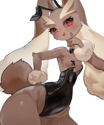 Rule 34 | 1girl, animal ears, bare shoulders, black bow, black bowtie, black hairband, black leotard, blush, body fur, bowtie, breasts, brown fur, brown sclera, colored sclera, contrapposto, covered navel, cowboy shot, creatures (company), detached collar, fake animal ears, female focus, furry, furry female, game freak, gen 4 pokemon, groin, hairband, hand on own hip, hand to own mouth, hand up, happy, heart, heart-shaped pupils, hip focus, leotard, looking at viewer, lopunny, nintendo, open mouth, playboy bunny, pokemon, pokemon (creature), rabbit ears, rabbit girl, rabbit tail, red eyes, simple background, small breasts, smile, solo, standing, strapless, strapless leotard, symbol-shaped pupils, teeth, thick thighs, thighs, traditional bowtie, two-tone fur, utta, white background, wide hips, yellow fur