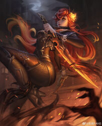Rule 34 | 1girl, 1other, absurdres, artist request, black footwear, boots, dagger, fire, floating hair, flower, fog, full body, hair flower, hair ornament, high heel boots, high heels, high noon katarina, highres, holding, holding dagger, holding knife, holding weapon, katarina (league of legends), knife, league of legends, long hair, looking at viewer, mole, mole under eye, moon, night, night sky, official alternate costume, official alternate hairstyle, orange hair, outdoors, parted lips, red eyes, serious, sky, solo focus, thighs, weapon
