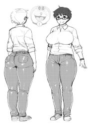 Rule 34 | 1girl, ass, breasts, character sheet, denim, doraemon, glasses, jeans, large breasts, monochrome, multiple views, pants, pantylines, shoes, sneakers, synecdoche, watch