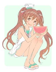 Rule 34 | 1girl, armpits, bad id, bad twitter id, blush, brown eyes, brown hair, clothing cutout, dark-skinned female, dark skin, dress, fang, flat color, food, from side, fruit, full body, green background, hair ribbon, hat, head tilt, holding, kantai collection, legs together, libeccio (kancolle), long hair, mini hat, neckerchief, open mouth, outside border, panties, pantyshot, red neckerchief, ribbon, sailor collar, sailor dress, sandals, shiosoda, side cutout, simple background, skin fang, sleeveless, sleeveless dress, solo, squatting, striped neckerchief, striped neckwear, tan, twintails, underwear, very long hair, watermelon, white hat, white neckerchief, white panties