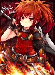 Rule 34 | 1boy, blouse, character name, elsword, elsword (character), fire, holding, holding sword, holding weapon, male focus, ponytail, red eyes, red hair, red shirt, rudia, sheath knight (elsword), shirt, solo, striped clothes, striped shirt, sword, tagme, v-shaped eyebrows, weapon