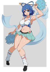 Rule 34 | 1girl, 86-shiki, aqua skirt, arm up, black footwear, blue eyes, blue hair, breasts, cheerleader, chisel, commentary request, crop top, drill hair, drill sidelocks, full body, grey background, hair ornament, hair ribbon, hair stick, highres, holding, holding pom poms, kaku seiga, large breasts, looking at viewer, navel, ofuda, open mouth, panties, pom pom (cheerleading), pom poms, ribbon, shawl, shirt, short hair, short sleeves, sidelocks, simple background, skirt, socks, solo, touhou, underwear, variant set, white panties, white shirt, white socks