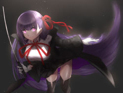 Rule 34 | 1girl, aito, bb (fate), bb (fate/extra), black thighhighs, breasts, closed mouth, commentary, fate/grand order, fate (series), gloves, hair ribbon, large breasts, long hair, long sleeves, looking at viewer, purple eyes, purple hair, red ribbon, ribbon, simple background, smile, solo, thighhighs, very long hair, white gloves
