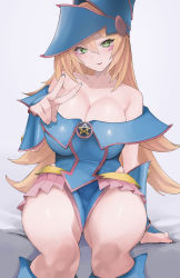 Rule 34 | 1girl, absurdres, arm support, bed, bed sheet, blonde hair, blue dress, blue hat, blue nails, blush, blush stickers, breasts, cleavage, collarbone, dark magician girl, dress, duel monster, green eyes, hair between eyes, hat, highres, kataku musou, large breasts, long hair, looking at viewer, nail polish, nipples, off-shoulder dress, off shoulder, sitting, solo, thick thighs, thigh gap, thighs, v, wizard hat, yu-gi-oh!