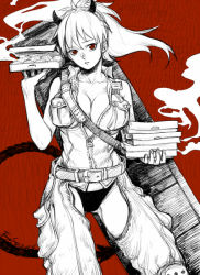 1girl banysun breasts chaps cleavage demon_horns demon_tail devil dorohedoro food higher_resolution_available horns jumpsuit locker long_hair looking_at_viewer lowres nikaidou_(dorohedoro) no_bra ponytail red_eyes shoulder_strap sleeveless solo tail