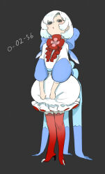 Rule 34 | 1girl, azanaya nie, blue ribbon, boots, commentary request, dress, frilled dress, frills, full body, grey background, grey eyes, hair ribbon, high heel boots, high heels, lobotomy corporation, long sleeves, open mouth, personification, project moon, punishing bird, red footwear, ribbon, short hair, simple background, skirt, skirt tug, solo, thigh boots, white dress, white hair
