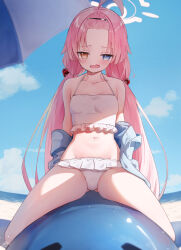 Rule 34 | 1girl, 200f (nifu), absurdres, ahoge, beach, bikini, blue archive, blue eyes, blue jacket, blue sky, blush, breasts, brown eyes, cloud, collarbone, frilled bikini, frills, gluteal fold, hair bobbles, hair ornament, halo, halterneck, heterochromia, highres, hoshino (blue archive), hoshino (swimsuit) (blue archive), inflatable toy, inflatable whale, jacket, long hair, low twintails, navel, off shoulder, official alternate costume, open clothes, open jacket, open mouth, outdoors, pink hair, sand, sky, small breasts, solo, swimsuit, twintails, white bikini