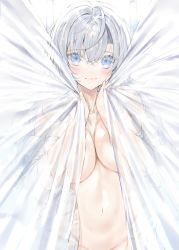 Rule 34 | 1girl, bare shoulders, blouse, blue eyes, blush, breasts, closed mouth, collarbone, commentary request, groin, hair between eyes, highres, kou mashiro, large breasts, looking at viewer, navel, open clothes, open shirt, original, out-of-frame censoring, shirt, smile, solo, white hair, white shirt