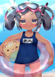 Rule 34 | 1girl, ahoge, ball, bare arms, bare shoulders, beachball, black hair, blue one-piece swimsuit, blush, breasts, brown eyes, carrying, carrying under arm, closed mouth, collarbone, commentary request, covered navel, day, diving mask, diving mask on head, goggles, goggles on head, hair ornament, hair rings, hairclip, horizon, innertube, looking at viewer, name tag, nanopai kakumeikokonoyu, ocean, old school swimsuit, one-piece swimsuit, original, outdoors, school swimsuit, small breasts, smile, snorkel, solo, swept bangs, swim ring, swimsuit, tan, transparent, twintails, twitter username, v-shaped eyebrows, water, x hair ornament
