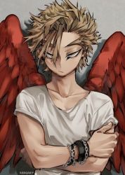Rule 34 | 1boy, bad id, bad pixiv id, blonde hair, boku no hero academia, bracelet, closed mouth, collarbone, crossed arms, facial hair, feathered wings, hawks (boku no hero academia), jewelry, kadeart, looking at viewer, male focus, red wings, shirt, short hair, short sleeves, solo, spiked hair, t-shirt, unamused, upper body, white shirt, wings