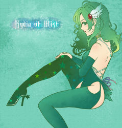 Rule 34 | 1990s (style), aged up, aqua background, asymmetrical legwear, boots, character name, final fantasy, final fantasy iv, from side, green eyes, green footwear, green hair, high heel boots, high heels, leotard, retro artstyle, rydia (ff4), sitting, solo, spoilers, thigh boots, thighhighs, uneven legwear, wavy hair