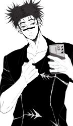 Rule 34 | 1boy, bags under eyes, cellphone, choso (jujutsu kaisen), collarbone, facial tattoo, highres, holding, holding phone, jujutsu kaisen, male focus, medium hair, phone, shirt, short sleeves, short twintails, smartphone, solo, tattoo, twintails, upper body, yume041624