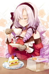 Rule 34 | 1girl, amamine, bare shoulders, bishie sparkle, black hairband, blush, brown gloves, cake, cake slice, closed eyes, closed mouth, collarbone, cup, detached sleeves, dress, drill hair, floral background, food, fork, gloves, hairband, half gloves, hands up, holding, holding cup, holding saucer, hyakumantenbara salome, hyakumantenbara salome (1st costume), juliet sleeves, long hair, long sleeves, nijisanji, parted bangs, plate, puffy sleeves, purple hair, red dress, red sleeves, saucer, smile, solo, sparkle background, strapless, strapless dress, teacup, very long hair, virtual youtuber, white background