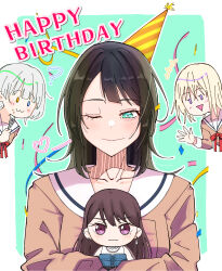 Rule 34 | :3, bang dream!, bang dream! it&#039;s mygo!!!!!, black hair, blonde hair, blue eyes, blush, border, brown dress, character doll, closed mouth, collarbone, commentary, confetti, dress, earclip, food, food on face, fork, green eyes, hanasakigawa school uniform, happy birthday, hashtag-only commentary, hat, heterochromia, highres, holding, holding fork, kaname raana, long hair, long sleeves, medium hair, misumi uika, mole, mole under eye, neck ribbon, one eye closed, outline, outside border, party hat, purple eyes, red ribbon, ribbon, sailor collar, sailor dress, school uniform, shiina taki, smile, triangle mouth, tsuyudashimirin, waving, white border, white hair, white outline, white sailor collar, yahata umiri, yellow eyes
