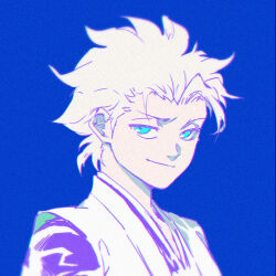 Rule 34 | 1boy, bleach, blue background, blue eyes, close-up, closed mouth, commentary, hair behind ear, haori, hitsugaya toushirou, japanese clothes, looking at viewer, male focus, short hair, simple background, sketch, smile, smirk, solo, spiked hair, upturned eyes, v-shaped eyebrows, white hair, ze ro
