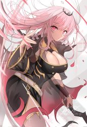 Rule 34 | 1girl, black dress, breasts, cleavage cutout, clothing cutout, commentary, detached sleeves, dress, english commentary, floating hair, hair behind ear, highres, holding, holding scythe, hololive, hololive english, large breasts, leaning forward, looking at viewer, mori calliope, open hand, pink eyes, pink hair, scythe, see-through, see-through sleeves, single detached sleeve, tiara, veil, virtual youtuber, watermark, weyas kayur