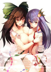 Rule 34 | 2girls, asymmetrical docking, blush, bow, breast press, breasts, brown hair, cleavage, food, fruit, gradient background, hair bow, hair ornament, hinanawi tenshi, large breasts, long hair, multiple girls, nakaichi (ridil), naked shirt, off shoulder, open clothes, open mouth, open shirt, partially submerged, peach, puffy short sleeves, puffy sleeves, purple hair, red eyes, reiuji utsuho, ribbon, shirt, short sleeves, touhou, very long hair, wet, wrist ribbon, yuri