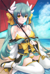 Rule 34 | 1girl, aqua hair, beach, between breasts, bikini, blush, bow, breasts, cleavage, collarbone, day, fate/grand order, fate (series), green hair, hair bow, highres, horns, japanese clothes, kimono, kiyohime (fate), kiyohime (fate/grand order), kiyohime (swimsuit lancer) (fate), kiyohime (swimsuit lancer) (first ascension) (fate), large breasts, long hair, looking at viewer, ocean, outdoors, parasol, pika mouse, ponytail, sitting, smile, solo, swimsuit, thighhighs, umbrella, wariza, white thighhighs, yellow bikini, yellow eyes