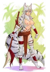 Rule 34 | 1girl, absurdres, animal ears, blue eyes, breasts, cat ears, cat girl, cat tail, highres, kitsuneka-san, large breasts, loincloth, midriff, nipples, nude, polearm, solo, spear, tail, topless, tora (aking40k), tribal, weapon, white fur, white hair