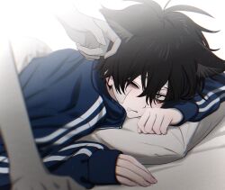 1boy 1other absurdres animal_ear_fluff animal_ears bags_under_eyes black_hair blue_jacket blush cat_boy cat_day cat_ears closed_mouth colored_skin gauze gauze_on_cheek grey_eyes grey_skin hair_between_eyes highres imai-kun_(imai_akira) imai_akira jacket long_sleeves lying male_focus multiple_boys on_stomach one_eye_closed original pillow simple_background solo_focus upper_body white_background