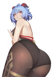 Rule 34 | 1girl, 47erba, absurdres, ahoge, ass, ass focus, bare shoulders, blue hair, blush, bodysuit, breasts, covered erect nipples, embarrassed, fingernails, from behind, from below, ganyu (genshin impact), genshin impact, goat horns, highres, horns, huge ass, leotard, long hair, looking at viewer, looking down, medium breasts, nail polish, pantyhose, parted lips, red eyes, sharp fingernails, sideboob, solo