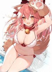 Rule 34 | 1girl, :d, animal ears, animal hands, arm support, arm up, armpits, bell, bikini, bow, breasts, brown eyes, cat ears, cleavage, collar, fang, fate/grand order, fate (series), fox tail, from above, front-tie bikini top, front-tie top, hair between eyes, hair bow, halterneck, large breasts, long hair, looking at viewer, muryotaro, navel, neck bell, open mouth, pink hair, pool, poolside, red bow, side-tie bikini bottom, sitting, smile, solo, string bikini, swimsuit, tail, tamamo (fate), tamamo cat (fate), thigh gap, thighs, very long hair, wet, white bikini